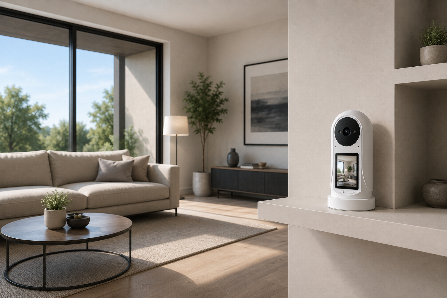Yoosee indoor AI security camera with screen on a countertop