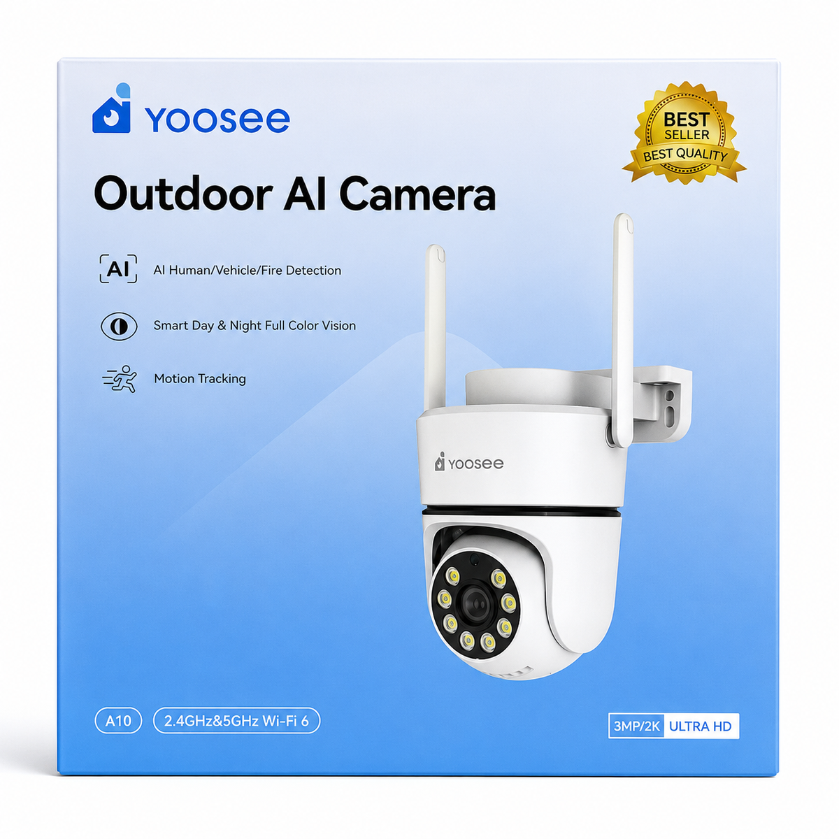 Yoosee A10 outdoor AI security camera mounted on a wall