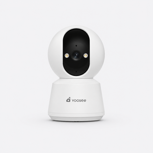 Yoosee C10 indoor AI security camera with 2K Ultra HD on a white stand, front view
