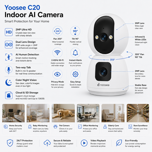 Yoosee C20 dual-lens indoor AI security camera, angled view on white stand