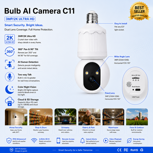 Yoosee C11 bulb AI security camera, angled view showing lens and screw base