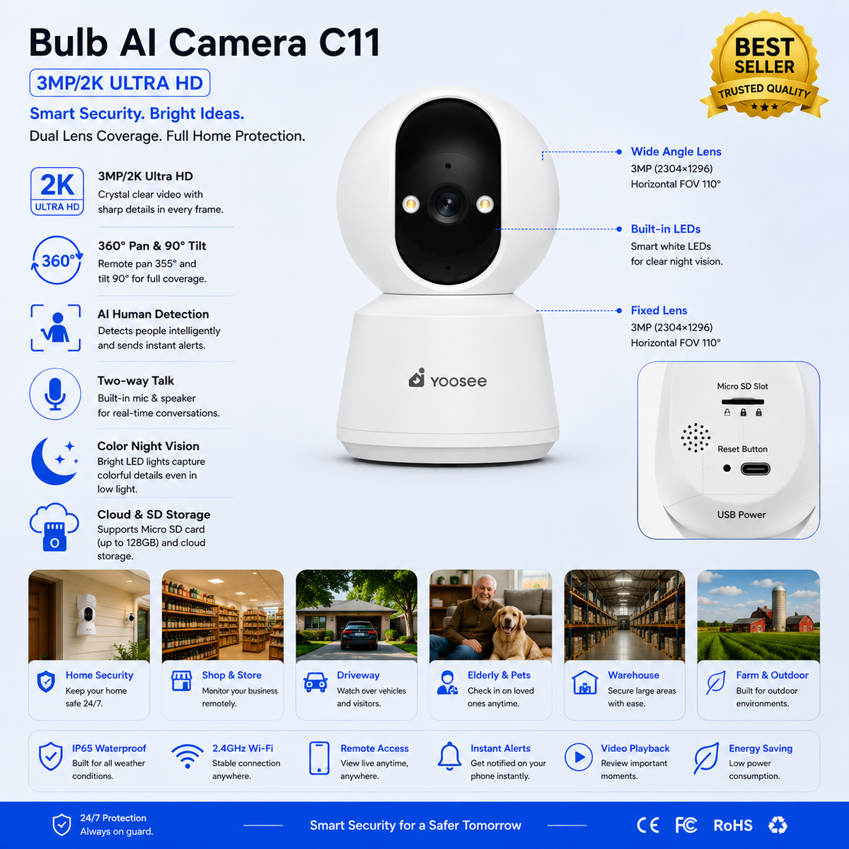 Yoosee C10 indoor AI security camera, angled view showing lens