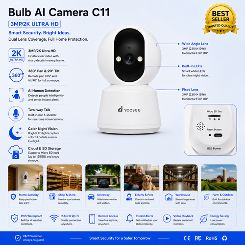 Yoosee C10 indoor AI security camera, angled view showing lens