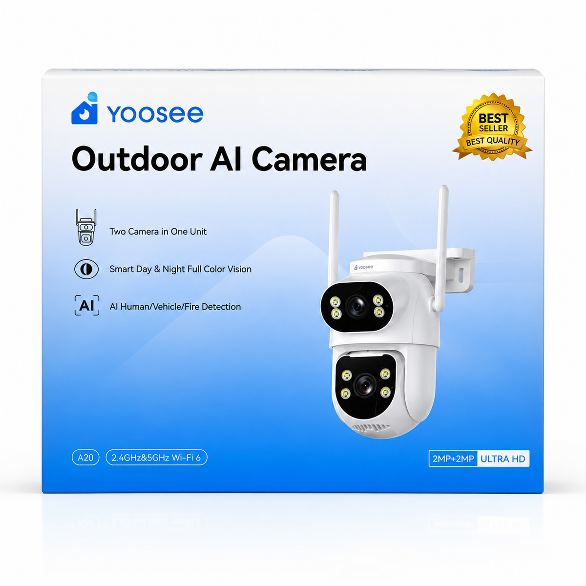 Yoosee A20 dual-lens outdoor AI security camera mounted on a wall corner